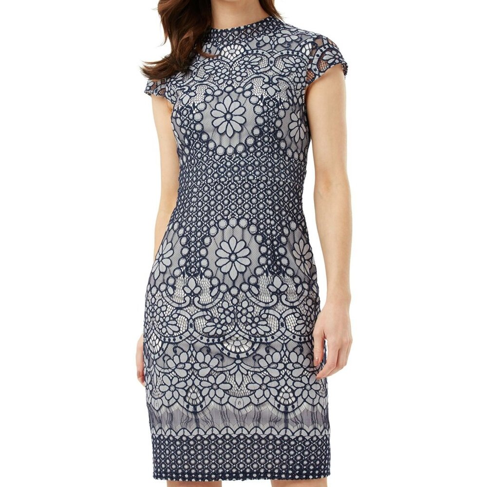 Phase Eight Lace Cocktail Dress Women's Size‎ 12 Navy Blue Cap Sleeve Sheath